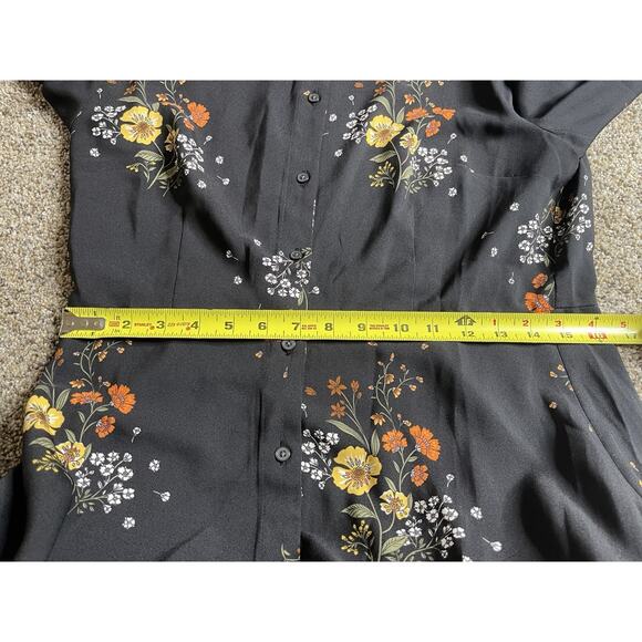Loft Black Multicolored Floral Long Sleeve Bow Tie Neck Chiffon Dress Size 6 - Picture 7 of 8